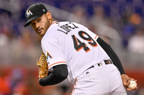 MIAMI, FL – AUGUST 07: Pablo Lopez #49 of the Miami Marlins looks back at first base in the second inning against the St. Louis Cardinals at Marlins Park on August 7, 2018 in Miami, Florida. (Photo by Mark Brown/Getty Images)