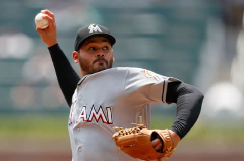 ATLANTA, GA – AUGUST 13: Pablo Lopez #49 of the Miami Marlins pitches in the first inning during game one of a doubleheader against the Atlanta Braves at SunTrust Park on August 13, 2018 in Atlanta, Georgia. (Photo by Kevin C. Cox/Getty Images)