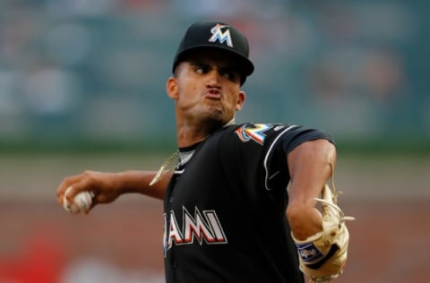 ATLANTA, GA – AUGUST 13: Merandy Gonzalez #77 of the Miami Marlins pitches in the first inning against the Atlanta Braves during game two of a doubleheader at SunTrust Park on August 13, 2018 in Atlanta, Georgia. (Photo by Kevin C. Cox/Getty Images)