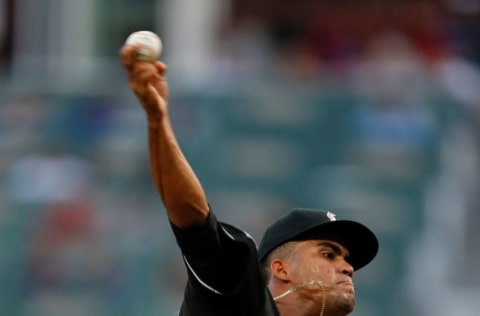 ATLANTA, GA – AUGUST 13: Merandy Gonzalez #77 of the Miami Marlins pitches in the first inning against the Atlanta Braves during game two of a doubleheader at SunTrust Park on August 13, 2018 in Atlanta, Georgia. (Photo by Kevin C. Cox/Getty Images)