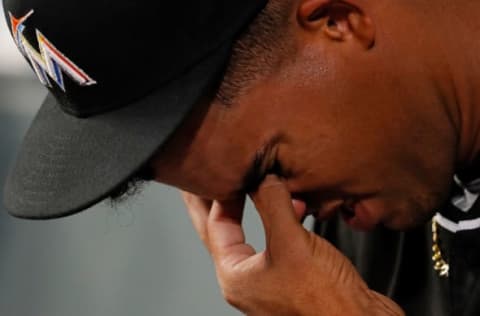 ATLANTA, GA – AUGUST 13: Merandy Gonzalez #77 of the Miami Marlins reacts after being pulled in the fifth inning against the Atlanta Braves during game two of a doubleheader at SunTrust Park on August 13, 2018 in Atlanta, Georgia. (Photo by Kevin C. Cox/Getty Images)