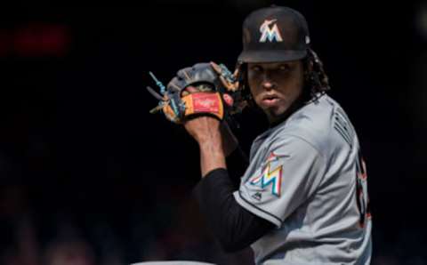 WASHINGTON, DC – AUGUST 19: Jose Urena #62 of the Miami Marlins pitches against the Washington Nationals during the ninth inning at Nationals Park on August 19, 2018, in Washington, DC. Jose Urena #62 pitched a complete game as the Marlins won 12-1. (Photo by Scott Taetsch/Getty Images)