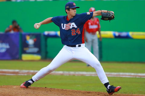 Pitcher Andrew Painter playing with Team USA (Photo by Hector Vivas/Getty Images)