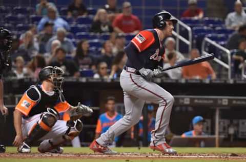 MIAMI, FL – AUGUST 24: Freddie Freeman #5 of the Atlanta Braves singles in the fourth inning against the Miami Marlins at Marlins Park on August 24, 2018 in Miami, Florida. (Photo by Eric Espada/Getty Images)