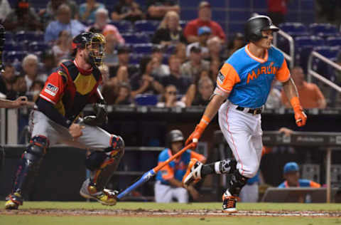 MIAMI, FL – AUGUST 24: Derek Dietrich #32 of the Miami Marlins hits an RBI single in the fourth inning against the Atlanta Braves at Marlins Park on August 24, 2018 in Miami, Florida. (Photo by Eric Espada/Getty Images)