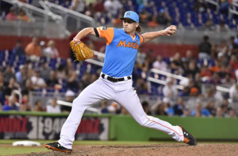 MIAMI, FL – AUGUST 24: Adam Conley #61 of the Miami Marlins throws a pitch during the ninth inning against the Atlanta Braves at Marlins Park on August 24, 2018 in Miami, Florida. (Photo by Eric Espada/Getty Images)