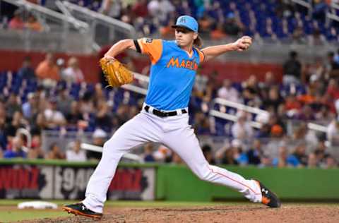 MIAMI, FL – AUGUST 24: Adam Conley #61 of the Miami Marlins throws a pitch during the ninth inning against the Atlanta Braves at Marlins Park on August 24, 2018 in Miami, Florida. (Photo by Eric Espada/Getty Images)