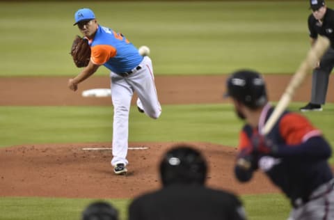 MIAMI, FL – AUGUST 25: Wei-Yin Chen #54 of the Miami Marlins throws a pitch during the first inning against the Atlanta Braves at Marlins Park on August 25, 2018 in Miami, Florida. All players across MLB will wear nicknames on their backs as well as colorful, non-traditional uniforms featuring alternate designs inspired by youth-league uniforms during Players Weekend. (Photo by Eric Espada/Getty Images)