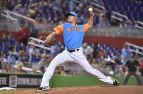 MIAMI, FL – AUGUST 25: Wei-Yin Chen #54 of the Miami Marlins throws a pitch during the first inning against the Atlanta Braves at Marlins Park on August 25, 2018 in Miami, Florida. All players across MLB will wear nicknames on their backs as well as colorful, non-traditional uniforms featuring alternate designs inspired by youth-league uniforms during Players Weekend. (Photo by Eric Espada/Getty Images)