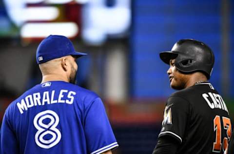 MIAMI, FL – AUGUST 31: Starlin Castro #13 of the Miami Marlins chats with Kendrys Morales #8 of the Toronto Blue Jays during the game between the Miami Marlins and the Toronto Blue Jays at Marlins Park on August 31, 2018 in Miami, Florida. (Photo by Mark Brown/Getty Images)