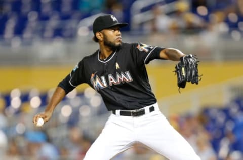 MIAMI, FL – SEPTEMBER 01: Tayron Guerrero #56 of the Miami Marlins delivers a pitch in the ninth inning against the Toronto Blue Jays at Marlins Park on September 1, 2018 in Miami, Florida. (Photo by Michael Reaves/Getty Images)