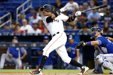 MIAMI, FL – SEPTEMBER 02: Starlin Castro #13 of the Miami Marlins sinlges in the first inning against the Toronto Blue Jays at Marlins Park on September 2, 2018 in Miami, Florida. (Photo by Michael Reaves/Getty Images)