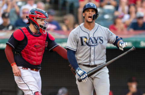 CLEVELAND, OH – SEPTEMBER 2: Catcher Roberto Perez #55 of the Cleveland Indians tags Carlos Gomez #27 of the Tampa Bay Rays as he reacts after striking out during the fourth inning at Progressive Field on September 2, 2018 in Cleveland, Ohio. (Photo by Jason Miller/Getty Images)