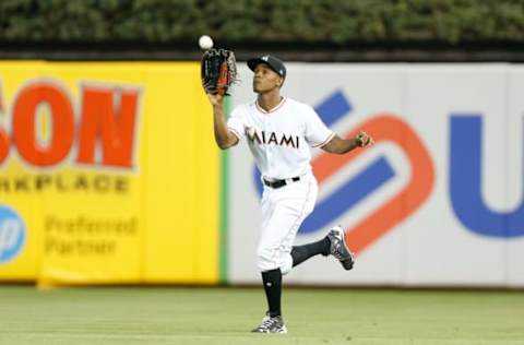 MIAMI, FL – SEPTEMBER 03: Magneuris Sierra #34 of the Miami Marlins makes a catch in the ninth inning against the Philadelphia Phillies at Marlins Park on September 3, 2018 in Miami, Florida. (Photo by Michael Reaves/Getty Images)