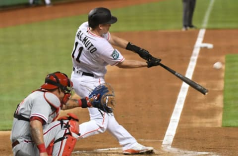 MIAMI, FL – SEPTEMBER 4: J.T. Realmuto #11 of the Miami Marlins hits a home run in the first inning against the Philadelphia Phillies at Marlins Park on September 4, 2018 in Miami, Florida. (Photo by Eric Espada/Getty Images)