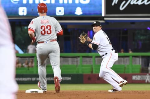 MIAMI, FL – SEPTEMBER 5: Miguel Rojas #19 of the Miami Marlins throws towards first base on an attempted double play during the first inning against the Philadelphia Phillies at Marlins Park on September 5, 2018 in Miami, Florida. (Photo by Eric Espada/Getty Images)