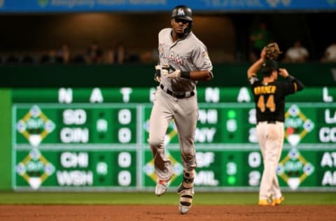 PITTSBURGH, PA – SEPTEMBER 07: Lewis Brinson #9 of the Miami Marlins rounds the bases after hitting a three run home run in the sixth inning during the game against the Pittsburgh Pirates at PNC Park on September 7, 2018 in Pittsburgh, Pennsylvania. (Photo by Justin Berl/Getty Images)