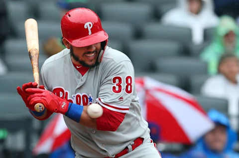 NEW YORK, NY – SEPTEMBER 09: Jorge Alfaro #38 of the Philadelphia Phillies is hit by a pitch against the New York Mets during the sixth inning of a game at Citi Field on September 9, 2018 in the Flushing neighborhood of the Queens borough of New York City. (Photo by Rich Schultz/Getty Images)