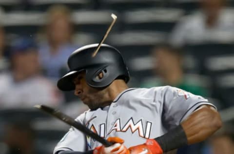 NEW YORK, NY – SEPTEMBER 11: Isaac Galloway #79 of the Miami Marlins breaks his bat as he grounds out to end the ninth inning against the New York Mets at Citi Field on September 11, 2018 in the Flushing neighborhood of the Queens borough of New York City. (Photo by Jim McIsaac/Getty Images)