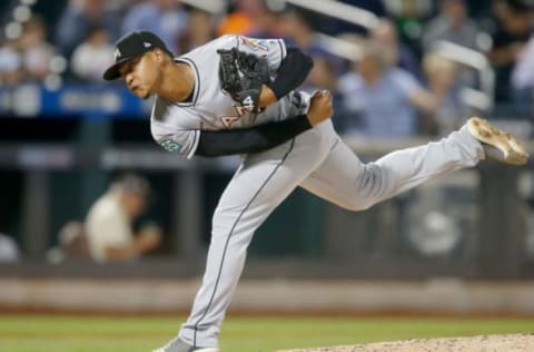 NEW YORK, NY – SEPTEMBER 13: Elieser Hernandez #57 of the Miami Marlins pitches in the eighth inning against the New York Mets in game two of a doubleheader at Citi Field on September 13, 2018 in the Flushing neighborhood of the Queens borough of New York City. (Photo by Jim McIsaac/Getty Images)