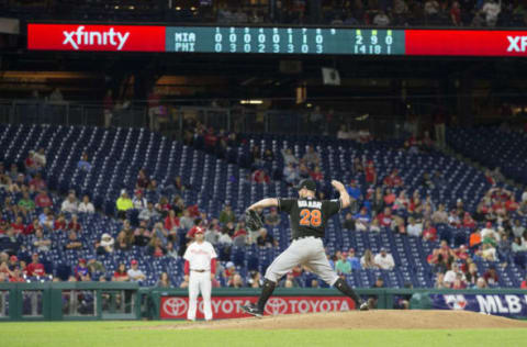 PHILADELPHIA, PA – SEPTEMBER 14: Bryan Holaday #28 of the Miami Marlins throws a pitch in the bottom of the eighth inning against the Philadelphia Phillies at Citizens Bank Park on September 14, 2018 in Philadelphia, Pennsylvania. The Phillies defeated the Marlins 14-2. (Photo by Mitchell Leff/Getty Images)