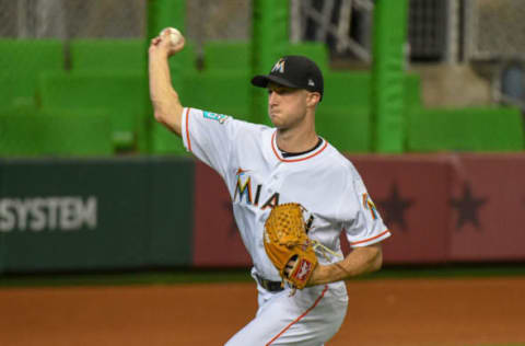 MIAMI, FL – SEPTEMBER 17: Trevor Richards #63 of the Miami Marlins warms up in the outfield before the start of the game against the Washington Nationals at Marlins Park on September 17, 2018 in Miami, Florida. (Photo by Eric Espada/Getty Images)