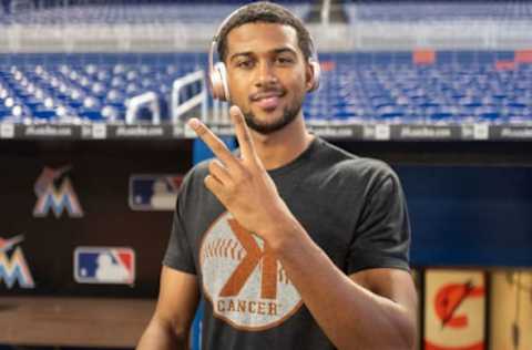 MIAMI, FL – SEPTEMBER 18: Sandy Alcantara #22 of the Miami Marlins wearing the K for cancer shirt during warms ups before the game against the Washington Nationals at Marlins Park on September 18, 2018 in Miami, Florida. (Photo by Mark Brown/Getty Images)