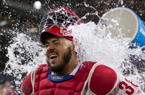 PHILADELPHIA, PA – SEPTEMBER 18: Jorge Alfaro #38 of the Philadelphia Phillies has water poured on him after the game against the New York Mets at Citizens Bank Park on September 18, 2018 in Philadelphia, Pennsylvania. The Phillies defeated the Mets 5-2. (Photo by Mitchell Leff/Getty Images)