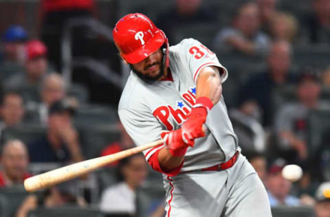 ATLANTA, GA – SEPTEMBER 20: Jorge Alfaro #38 of the Philadelphia Phillies knocks in a run with a third inning single against the Atlanta Braves at SunTrust Park on September 20, 2018 in Atlanta, Georgia. (Photo by Scott Cunningham/Getty Images)