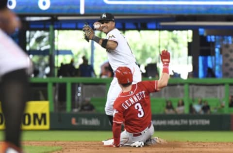 MIAMI, FL – SEPTEMBER 23: Starlin Castro #13 of the Miami Marlins throws towards first base as he turns a game ending double play in the ninth inning against the Cincinnati Reds at Marlins Park on September 23, 2018 in Miami, Florida. (Photo by Eric Espada/Getty Images)