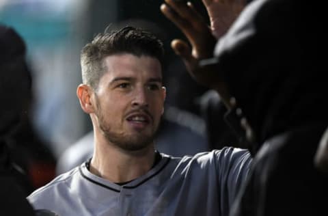 WASHINGTON, DC – SEPTEMBER 24: JT Riddle #10 of the Miami Marlins celebrates with teammates after scoring in the first inning against the Washington Nationals at Nationals Park on September 24, 2018 in Washington, DC. (Photo by Greg Fiume/Getty Images)