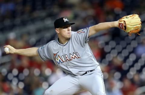 WASHINGTON, DC – SEPTEMBER 25: Starting pitcher Jeff Brigham #43 of the Miami Marlins throws to a Washington Nationals batter in the first inning at Nationals Park on September 25, 2018 in Washington, DC. (Photo by Rob Carr/Getty Images)