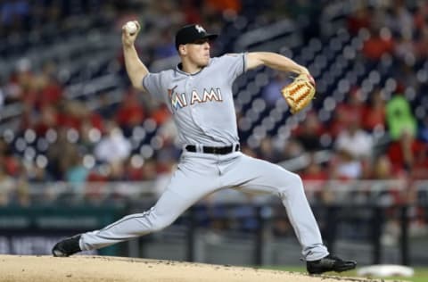 WASHINGTON, DC – SEPTEMBER 25: Starting pitcher Jeff Brigham #43 of the Miami Marlins throws to a Washington Nationals batter in the first inning at Nationals Park on September 25, 2018 in Washington, DC. (Photo by Rob Carr/Getty Images)