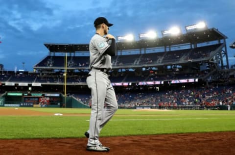 WASHINGTON, DC – SEPTEMBER 25: JT Riddle #10 of the Miami Marlins walks to the dugout before the start of the Marlins game against the Washington Nationals at Nationals Park on September 25, 2018 in Washington, DC. (Photo by Rob Carr/Getty Images)