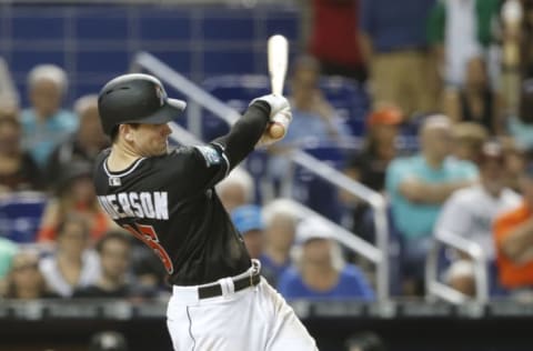 MIAMI, FL – SEPTEMBER 22: Third baseman Brian Anderson #15 of the Miami Marlins hits an RBI double in the sixth inning against the Cincinnati Reds at Marlins Park on September 22, 2018 in Miami, Florida. (Photo by Joe Skipper/Getty Images)