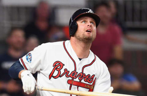 ATLANTA, GA – OCTOBER 08: Lucas Duda #20 of the Atlanta Braves watches his foul ball in the eighth inning of Game Four of the National League Division Series against the Los Angeles Dodgers at Turner Field on October 8, 2018 in Atlanta, Georgia. (Photo by Scott Cunningham/Getty Images)