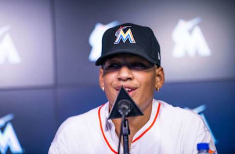 MIAMI, FL – OCTOBER 22: Victor Mesa Jr. speaks with members of the media to announce the signing of the Mesa brothers to the Miami Marlins at Marlins Park on October 22, 2018 in Miami, Florida. (Photo by Mark Brown/Getty Images)