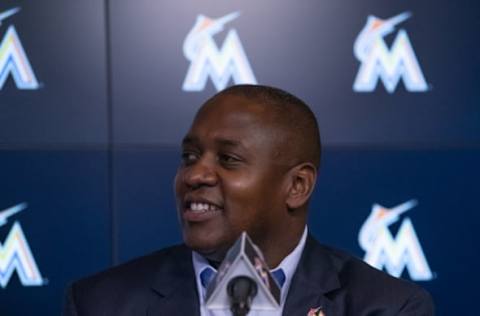 MIAMI, FL – OCTOBER 22: President of Baseball Operations of the Miami Marlins Michael Hill speaks with members of the media to announce the signing of the Mesa brothers at Marlins Park on October 22, 2018 in Miami, Florida. (Photo by Mark Brown/Getty Images)