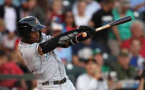 SURPRISE, AZ – NOVEMBER 03: AFL East All-Star, Monte Harrison #4 of the Miami Marlins bats during the Arizona Fall League All Star Game at Surprise Stadium on November 3, 2018, in Surprise, Arizona. (Photo by Christian Petersen/Getty Images)