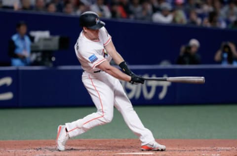 NAGOYA, JAPAN – NOVEMBER 15: Deesignated hitter J.T. Realmuto #11 of the Miami Marlins at bat in the bottom of 3rd inning during the game six between Japan and MLB All Stars at Nagoya Dome on November 15, 2018 in Nagoya, Aichi, Japan. (Photo by Kiyoshi Ota/Getty Images)