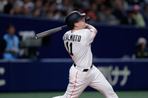 NAGOYA, JAPAN – NOVEMBER 15: Deesignated hitter J.T. Realmuto #11 of the Miami Marlins flies out in the bottom of 5th inning during the game six between Japan and MLB All Stars at Nagoya Dome on November 15, 2018 in Nagoya, Aichi, Japan. (Photo by Kiyoshi Ota/Getty Images)