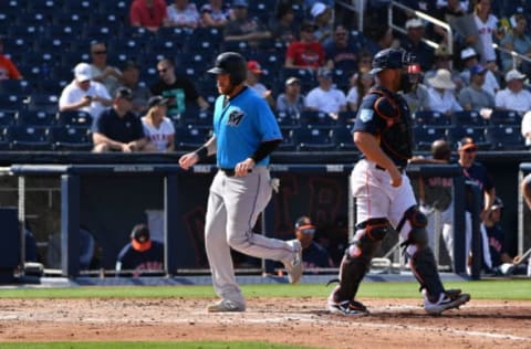 WEST PALM BEACH, FL – FEBRUARY 28: Austin Dean #44 of the Miami Marlins scores in the fifth inning against the Houston Astros at The Ballpark of the Palm Beaches on February 28, 2019 in West Palm Beach, Florida. (Photo by Mark Brown/Getty Images)