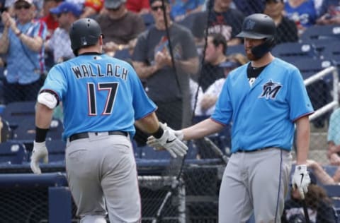 WEST PALM BEACH, FL – MARCH 14: Chad Wallach #17 is congratulated by Dan Straily #58 of the Miami Marlins after he hit a third inning home run against the Houston Astros during a spring training game at The Fitteam Ballpark of the Palm Beaches on March 14, 2019 in West Palm Beach, Florida. (Photo by Joel Auerbach/Getty Images)