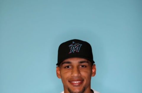 JUPITER, FLORIDA – FEBRUARY 20: Victor Victor Mesa #32 of the Miami Marlins poses for a photo during photo days at Roger Dean Stadium on February 20, 2019 in Jupiter, Florida. (Photo by Rob Carr/Getty Images)