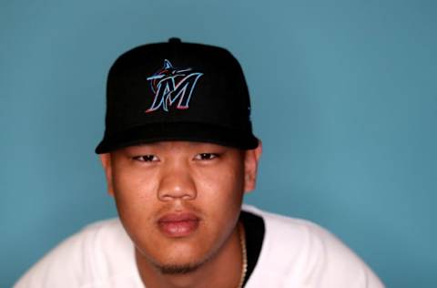 JUPITER, FLORIDA – FEBRUARY 20: Jordan Yamamoto #68 of the Miami Marlins poses for a photo during photo days at Roger Dean Stadium on February 20, 2019 in Jupiter, Florida. (Photo by Rob Carr/Getty Images)