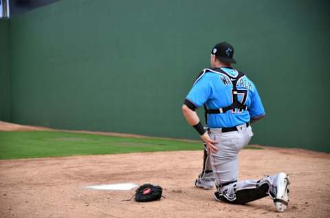 WEST PALM BEACH, FL – FEBRUARY 28: Chad Wallach #17 of the Miami Marlins. (Photo by Mark Brown/Getty Images)