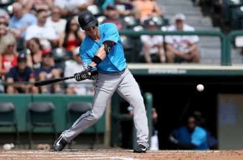 LAKE BUENA VISTA, FLORIDA – MARCH 03: Peter O’Brien #45 of the Miami Marlins grounds out in the second inning against the Atlanta Braves during the Grapefruit League spring training game at Champion Stadium on March 03, 2019 in Lake Buena Vista, Florida. (Photo by Dylan Buell/Getty Images)