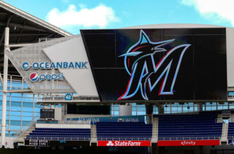 MIAMI, FL – MARCH 29: A general view of the new Marlins logo on the scoreboard at Marlins Park prior to the game between the Miami Marlins and the Colorado Rockies at Marlins Park on March 29, 2019 in Miami, Florida. (Photo by Mark Brown/Getty Images)