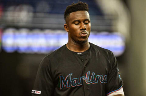 MIAMI, FL – MARCH 29: Lewis Brinson #9 of the Miami Marlins reacts to missing a home run in the eighth inning during the game against the Colorado Rockies at Marlins Park on March 29, 2019 in Miami, Florida. (Photo by Mark Brown/Getty Images)