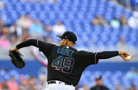 MIAMI, FL – MARCH 30: Pablo Lopez #49 of the Miami Marlins pitches in the second inning against the Colorado Rockies at Marlins Park on March 30, 2019 in Miami, Florida. (Photo by Mark Brown/Getty Images)